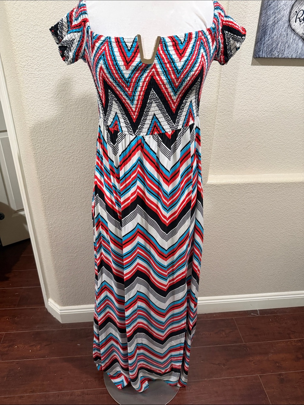 G by Guess Chevron Maxi Dress in Red, Turquoise, Black & White